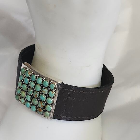 Vtg Hato Hasi Turquoise 925 Silver Petit Point Brown Leather Band Strap Bracelet - Picture 3 of 8